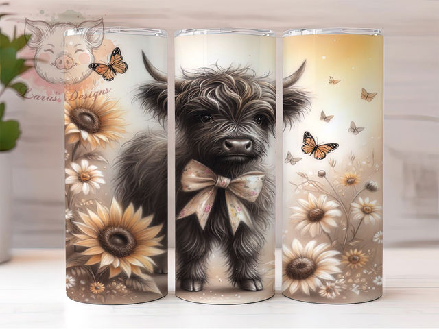 Floral Highland Cow Rustic Tumbler, Black and White Wrap, Floral Cow Design, 20Oz Tumbler, Sublimation Design, Farmhouse Style, Rustic Vibes Sublimation Lara' s Designs 