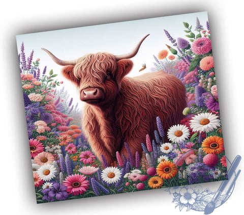 Floral Highland Cow Tumbler Wrap, Highland Cow Tumbler, Floral Tumbler Wrap, Sublimation Design, 20oz Tumbler, Highland Cow Decor, Cow Print Tumbler, Custom Tumbler Design Sublimation ToriDesigns 