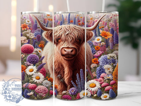 Floral Highland Cow Tumbler Wrap, Highland Cow Tumbler, Floral Tumbler Wrap, Sublimation Design, 20oz Tumbler, Highland Cow Decor, Cow Print Tumbler, Custom Tumbler Design Sublimation ToriDesigns 