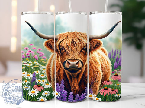 Floral Highland Cow Tumbler Wrap, Highland Cow Tumbler, Floral Tumbler Wrap, Sublimation Design, 20oz Tumbler, Highland Cow Decor, Cow Print Tumbler, Custom Tumbler Design Sublimation ToriDesigns 