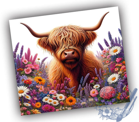 Floral Highland Cow Tumbler Wrap, Highland Cow Tumbler, Floral Tumbler Wrap, Sublimation Design, 20oz Tumbler, Highland Cow Decor, Cow Print Tumbler, Custom Tumbler Design Sublimation ToriDesigns 