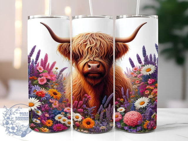 Floral Highland Cow Tumbler Wrap, Highland Cow Tumbler, Floral Tumbler Wrap, Sublimation Design, 20oz Tumbler, Highland Cow Decor, Cow Print Tumbler, Custom Tumbler Design Sublimation ToriDesigns 