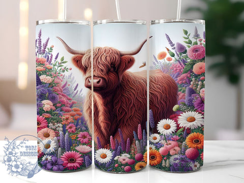 Floral Highland Cow Tumbler Wrap, Highland Cow Tumbler, Floral Tumbler Wrap, Sublimation Design, 20oz Tumbler, Highland Cow Decor, Cow Print Tumbler, Custom Tumbler Design Sublimation ToriDesigns 
