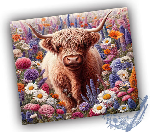 Floral Highland Cow Tumbler Wrap, Highland Cow Tumbler, Floral Tumbler Wrap, Sublimation Design, 20oz Tumbler, Highland Cow Decor, Cow Print Tumbler, Custom Tumbler Design Sublimation ToriDesigns 