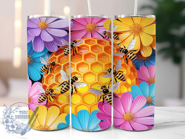 Floral Honeycomb Bee Tumbler, Honeycomb Pattern, Seamless Bee Design, 20Oz Sublimation Wrap, Bee and Flower Art, Honeycomb Texture, Tumbler Sublimation Sublimation ToriDesigns 