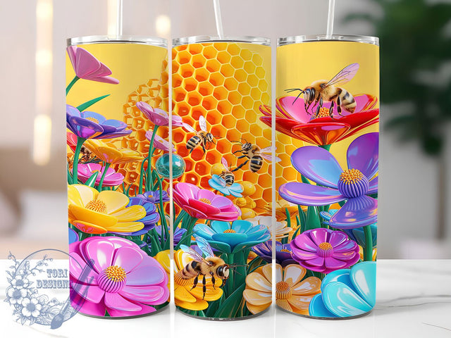 Floral Honeycomb Bee Tumbler, Honeycomb Pattern, Seamless Bee Design, 20Oz Sublimation Wrap, Bee and Flower Art, Honeycomb Texture, Tumbler Sublimation Sublimation ToriDesigns 