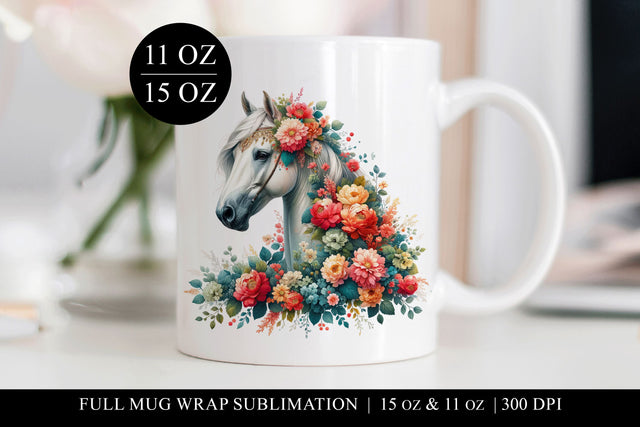 Floral Horse Mug Design, Full Wrap Sublimation Sublimation BijouBay 