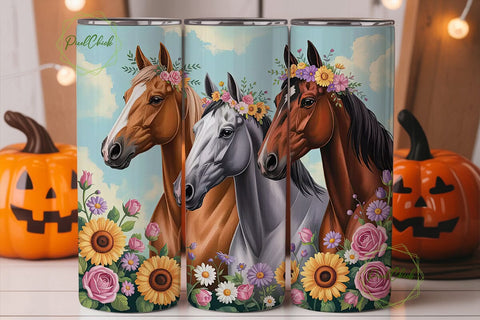 Floral Horses 20oz Tumbler Wrap Sublimation PixelChick 