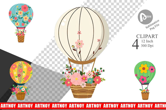 Floral Hot Air Balloon Clipart Sublimation artnoy 
