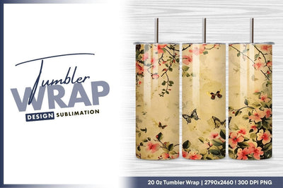 Floral Illustration with Pink Flowers Butterflies and Vintage Background Sublimation Regulrcrative 