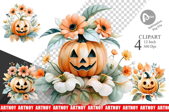 Floral Jack-o'-Lantern Watercolor Clipart Sublimation artnoy 