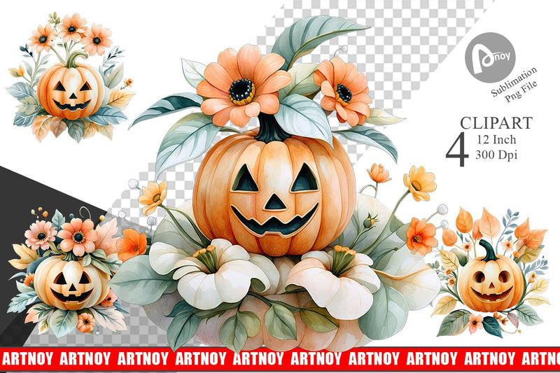 Floral Jack-o'-Lantern Watercolor Clipart Sublimation artnoy 