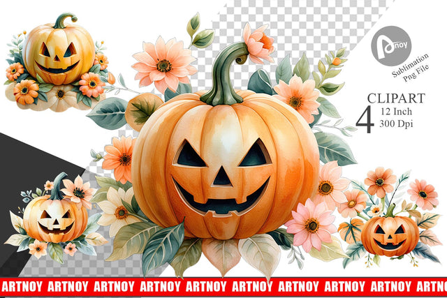 Floral Jack-o'-Lantern Watercolor Clipart Sublimation artnoy 