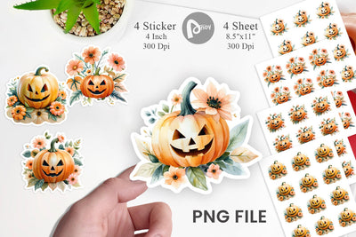 Floral Jack-o'-Lantern Watercolor Sticker Sublimation artnoy 