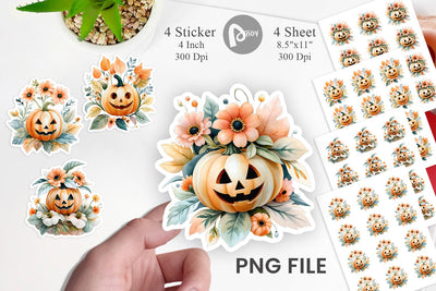 Floral Jack-o'-Lantern Watercolor Sticker Sublimation artnoy 