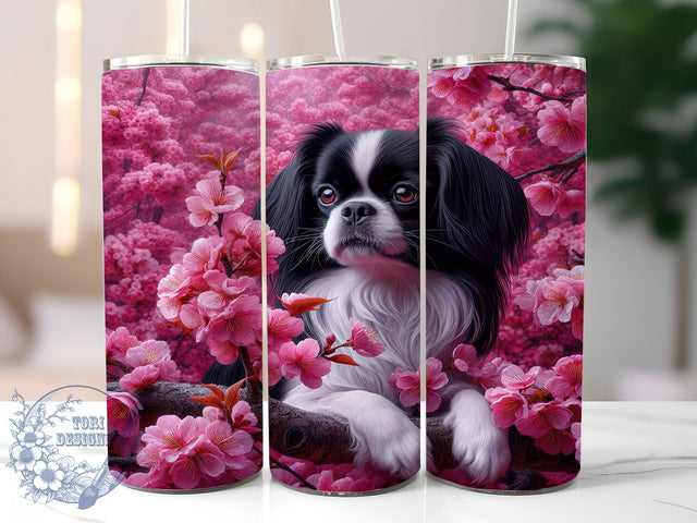 Floral Japanese Chin Dog Tumbler, Asian Dog Breed, Floral Dog Design, Pink Flower Pattern, Japanese Dog Gift, Pet Floral Design, Oriental Dog Art Sublimation ToriDesigns 
