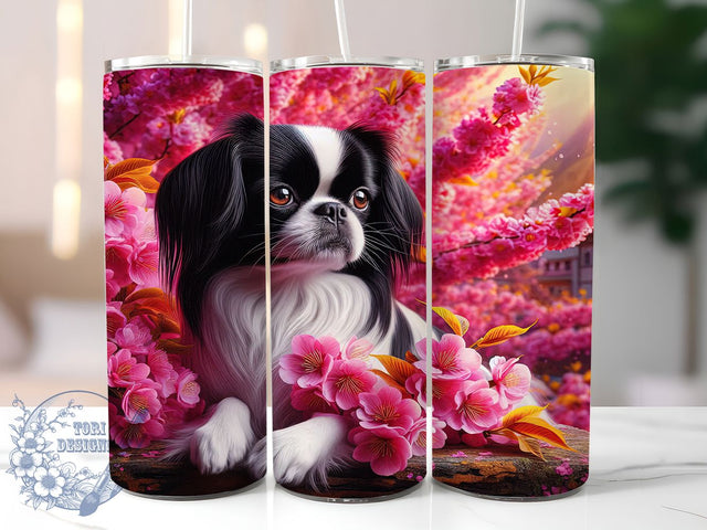 Floral Japanese Chin Dog Tumbler, Asian Dog Breed, Floral Dog Design, Pink Flower Pattern, Japanese Dog Gift, Pet Floral Design, Oriental Dog Art Sublimation ToriDesigns 