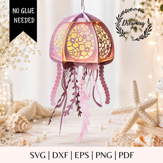 Floral Jellyfish Lantern SVG - 3D Ocean Paper Craft Template - Under the Sea Room Decor Digital Download - Coastal Floral Lightbox Cut File SVG DreamingSVG 