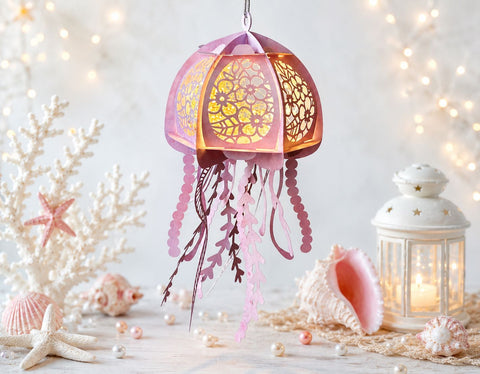 Floral Jellyfish Lantern SVG - 3D Ocean Paper Craft Template - Under the Sea Room Decor Digital Download - Coastal Floral Lightbox Cut File SVG DreamingSVG 