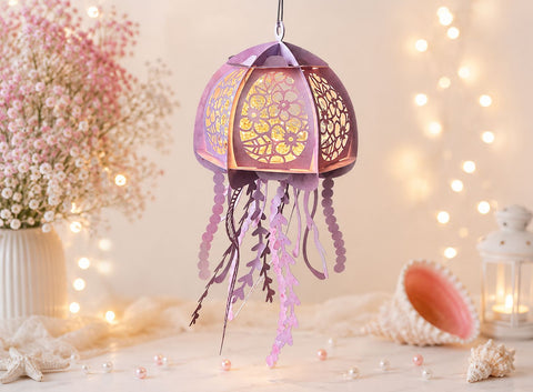 Floral Jellyfish Lantern SVG - 3D Ocean Paper Craft Template - Under the Sea Room Decor Digital Download - Coastal Floral Lightbox Cut File SVG DreamingSVG 