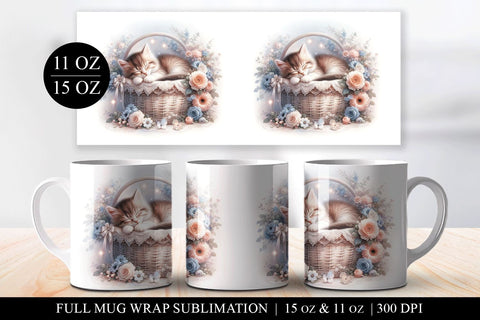 Floral Kitten Mug Wrap Design, 11 and 15 oz Sublimation PNG Sublimation BijouBay 