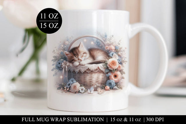 Floral Kitten Mug Wrap Design, 11 and 15 oz Sublimation PNG Sublimation BijouBay 