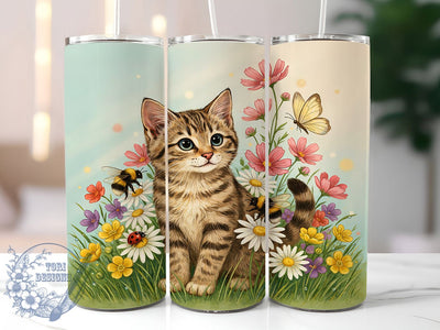 Floral Kitten Wildflower Cute 20oz Tumbler, Tabby Cat, Blue Eyes, Wildflower Meadow, Cute Animal, Skinny Tumbler, Sublimation PNG Sublimation ToriDesigns 