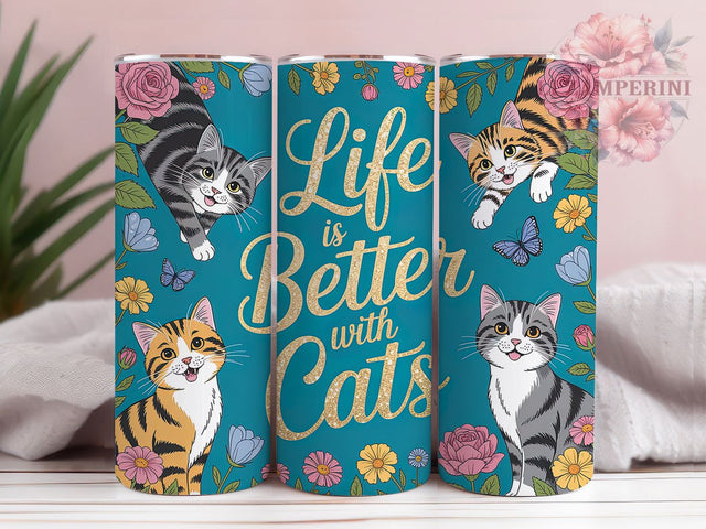 Floral Life With Cats Tumbler, Floral Kitten Tumbler, Cute Cat 20oz Wrap, Sublimation Design, Cat Lover Gift, Adorable Kitten Wrap, Whimsical Cat Tumbler Sublimation Li Zamperini 