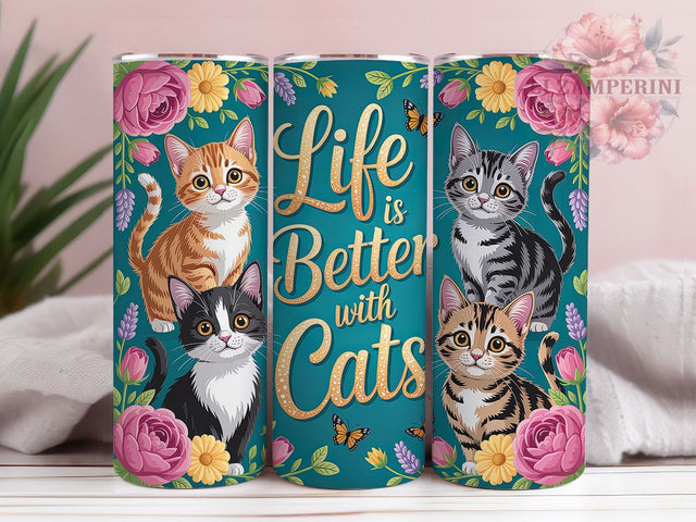 Floral Life With Cats Tumbler, Floral Kitten Tumbler, Cute Cat 20oz Wrap, Sublimation Design, Cat Lover Gift, Adorable Kitten Wrap, Whimsical Cat Tumbler Sublimation Li Zamperini 