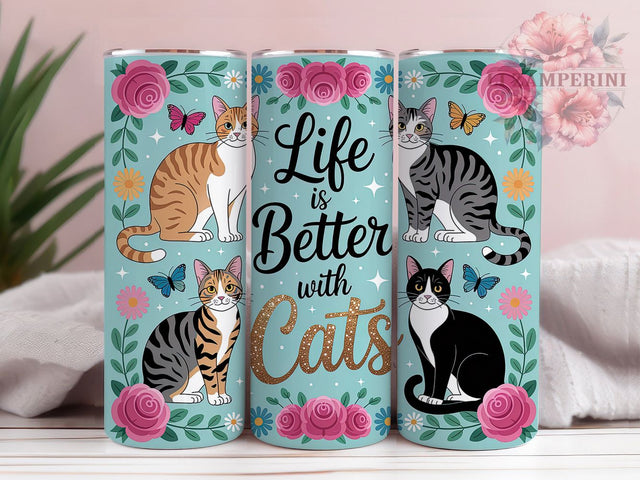 Floral Life With Cats Tumbler, Floral Kitten Tumbler, Cute Cat 20oz Wrap, Sublimation Design, Cat Lover Gift, Adorable Kitten Wrap, Whimsical Cat Tumbler Sublimation Li Zamperini 