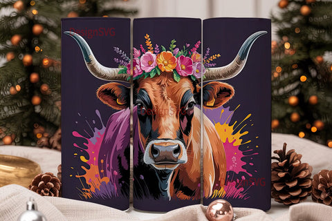 Floral Longhorn Cow 20oz Tumbler Wrap Sublimation DesignSVG 