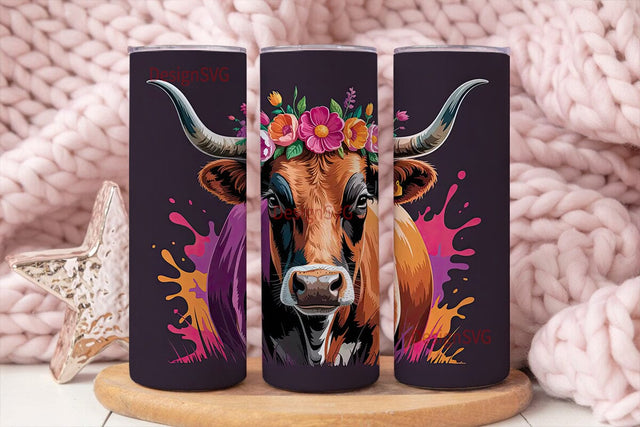Floral Longhorn Cow 20oz Tumbler Wrap Sublimation DesignSVG 
