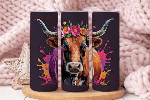 Floral Longhorn Cow 20oz Tumbler Wrap Sublimation DesignSVG 