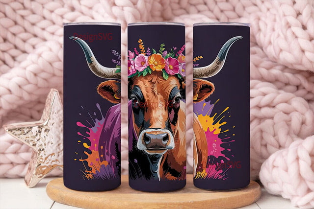 Floral Longhorn Cow 20oz Tumbler Wrap Sublimation DesignSVG 