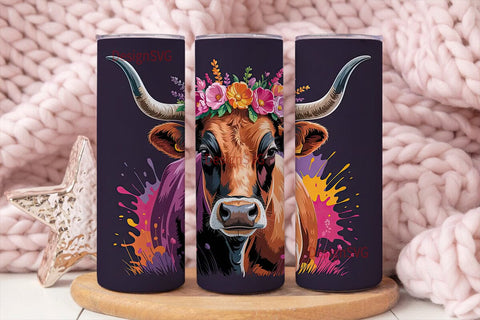 Floral Longhorn Cow 20oz Tumbler Wrap Sublimation DesignSVG 