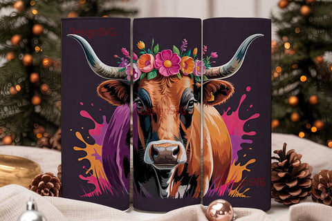 Floral Longhorn Cow 20oz Tumbler Wrap Sublimation DesignSVG 