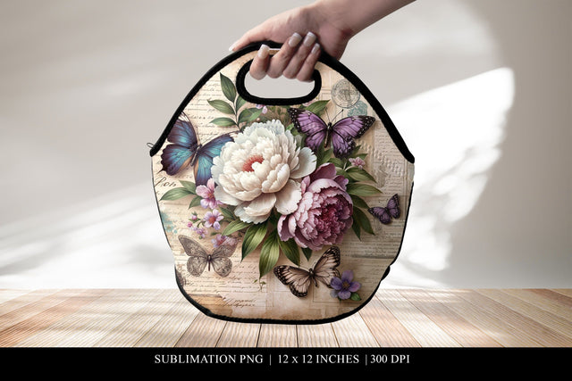 Floral Lunch Bag Sublimation Design, Peony Lunch Tote PNG Sublimation BijouBay 