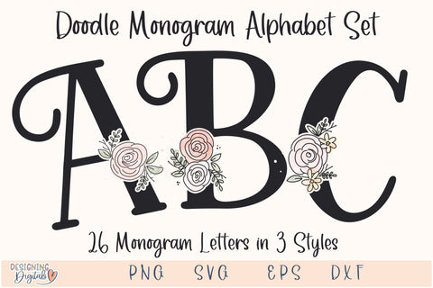 Floral Monogram Doodle Letters SVG, Cute Rose Bouquet PNG Alphabet Sublimation, Monogram Lettering Bundle SVG Designing Digitals 