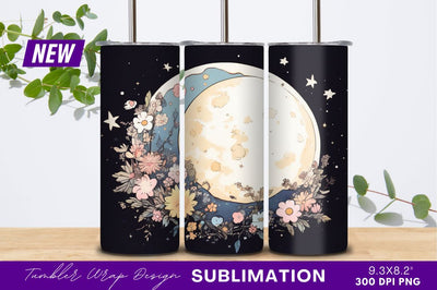 Floral Moon With Stars Dark Background Tumbler Sublimation Regulrcrative 