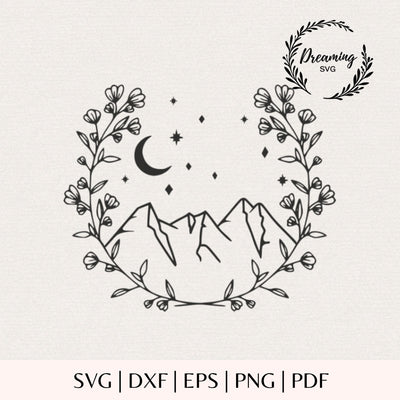 Floral Mountain Wreath SVG for Cricut - Wildflower Nature Silhouette - Adventure Landscape Cut File - Botanical Floral Frame SVG DreamingSVG 