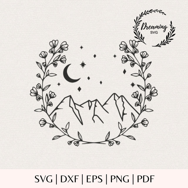 Floral Mountain Wreath SVG for Cricut - Wildflower Nature Silhouette - Adventure Landscape Cut File - Botanical Floral Frame SVG DreamingSVG 
