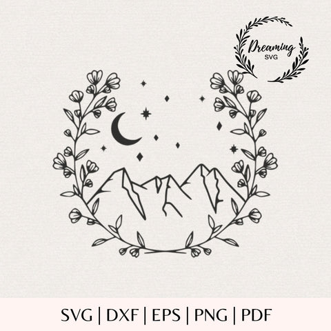 Floral Mountain Wreath SVG for Cricut - Wildflower Nature Silhouette - Adventure Landscape Cut File - Botanical Floral Frame SVG DreamingSVG 