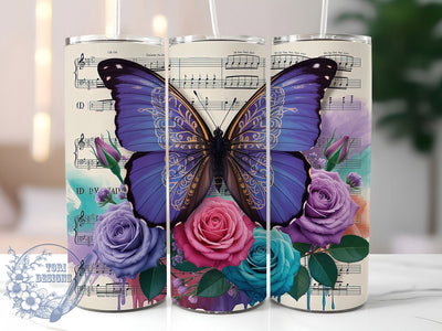 Floral Music Butterfly Tumbler Wrap, Musical Notes Cup, Floral Butterfly Design, 20Oz Sublimation Wrap, Music And Flowers Tumbler, Artistic Butterfly Drinkware, Elegant Music Mug Sublimation ToriDesigns 
