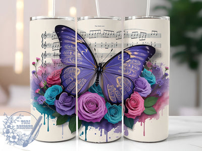 Floral Music Butterfly Tumbler Wrap, Musical Notes Cup, Floral Butterfly Design, 20Oz Sublimation Wrap, Music And Flowers Tumbler, Artistic Butterfly Drinkware, Elegant Music Mug Sublimation ToriDesigns 