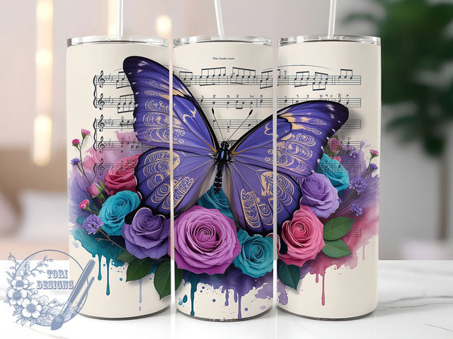 Floral Music Butterfly Tumbler Wrap, Musical Notes Cup, Floral Butterfly Design, 20Oz Sublimation Wrap, Music And Flowers Tumbler, Artistic Butterfly Drinkware, Elegant Music Mug Sublimation ToriDesigns 