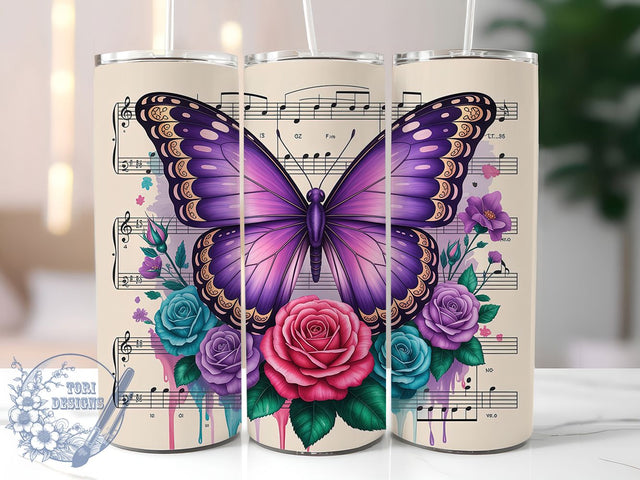 Floral Music Butterfly Tumbler Wrap, Musical Notes Cup, Floral Butterfly Design, 20Oz Sublimation Wrap, Music And Flowers Tumbler, Artistic Butterfly Drinkware, Elegant Music Mug Sublimation ToriDesigns 