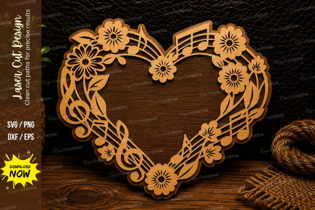 Floral Music Heart Frame Laser Cut SVG Design SVG Regulrcrative 