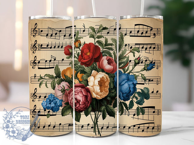 Floral Music Tumbler Wrap, Floral Music Notes, Sheet Music Design, 20oz Tumbler Wrap, Sublimation Template, Skinny Tumbler Wrap, Digital Download, Musical Gift Idea Sublimation ToriDesigns 