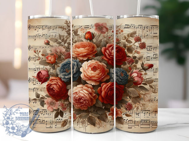 Floral Music Tumbler Wrap, Floral Music Notes, Sheet Music Design, 20oz Tumbler Wrap, Sublimation Template, Skinny Tumbler Wrap, Digital Download, Musical Gift Idea Sublimation ToriDesigns 
