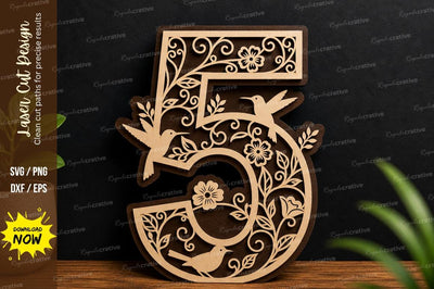Floral Number 5 Laser Cut Decorative Design SVG Regulrcrative 
